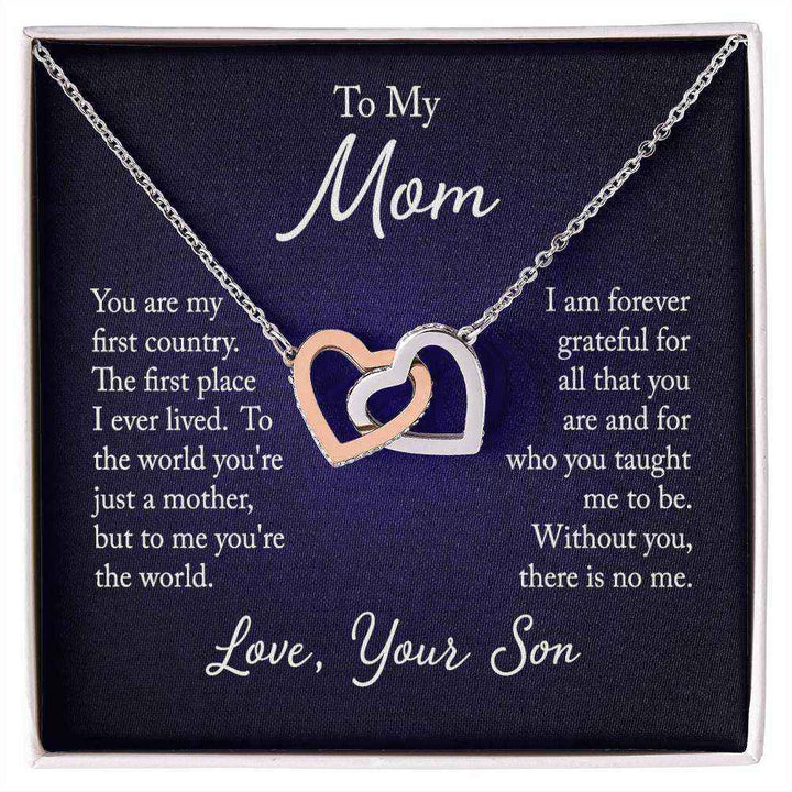 Interlocking Hearts Necklace for Mom from Son with CZ crystals and rose gold finish displayed on white background