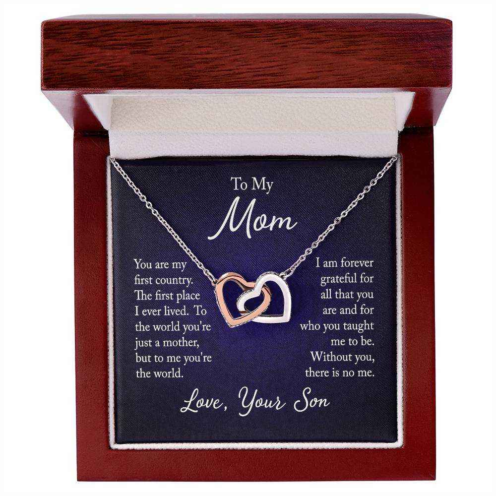 Interlocking Hearts Necklace for Mom from son with CZ crystals and rose gold finish on a delicate chain