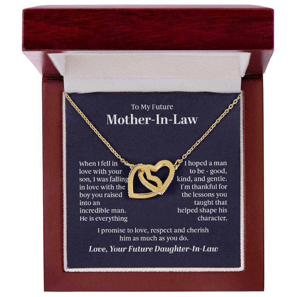 Interlocking Hearts Necklace for Future Mother-in-Law with two CZ crystal embellished hearts and rose gold finish on adjustable chain