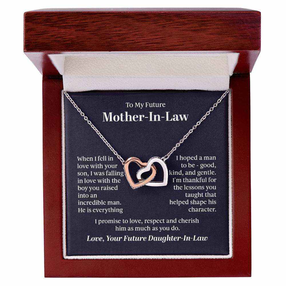 Interlocking Hearts Necklace for Future Mother-in-Law with CZ crystals in rose gold and yellow gold finishes