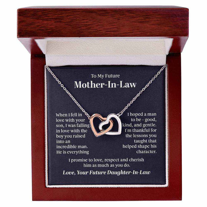Interlocking Hearts Necklace for Future Mother-in-Law with CZ crystals in rose gold and yellow gold finishes