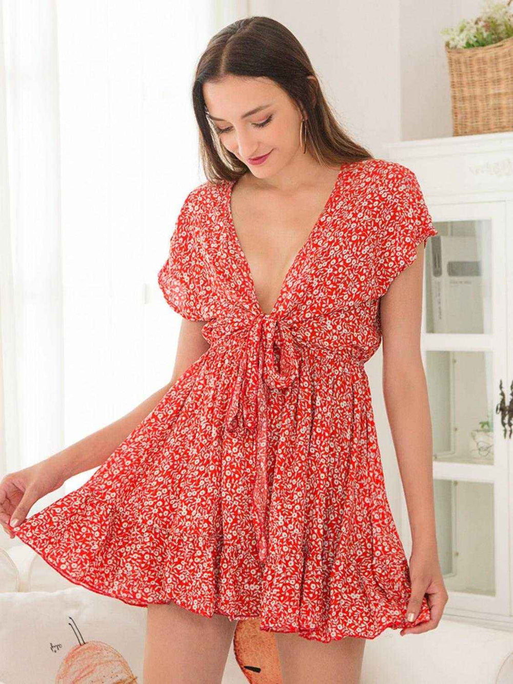 Ivy Lane Floral Tie V-Neck Dress with cap sleeves and tie waist from Hot Topic