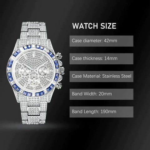 Luxury Diamond Calendar Watch with stainless steel case, 42mm diameter, 14mm thickness, and sapphire accents.