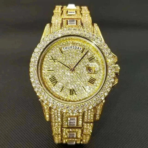 Luxury crystal watch for men with gold-tone and exquisite crystal detailing.