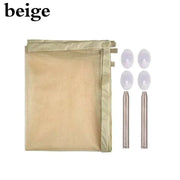 Beige Dog Gate Fence with adjustable mesh, telescopic rods, and sticky hooks for easy installation.