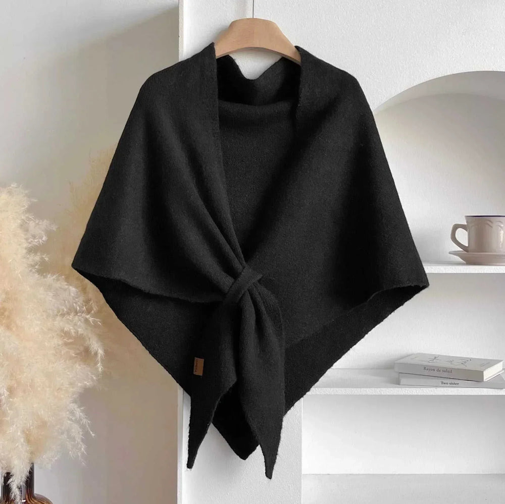 Women's knitted solid color shawl scarf draped over shoulders, soft knitted texture, versatile fashion accessory