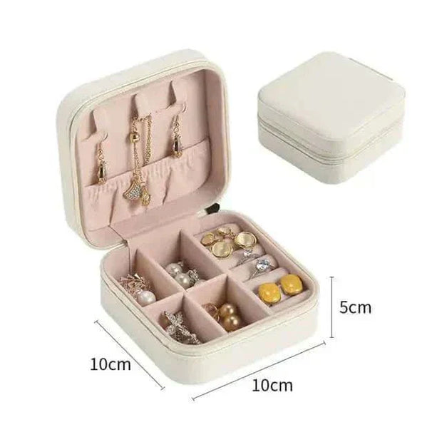 Compact Jewelry Zipper Box Storage with compartments for necklaces, bracelets, earrings, and rings; secure zipper closure.