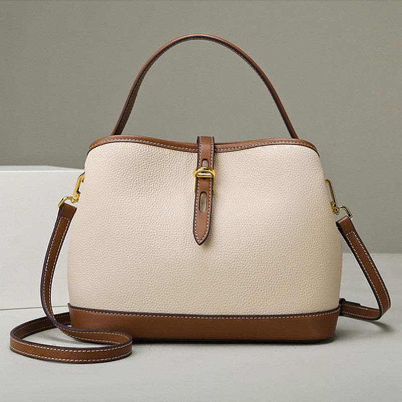 Women's large capacity lychee leather shoulder messenger bag with contrast trim and gold-tone hardware