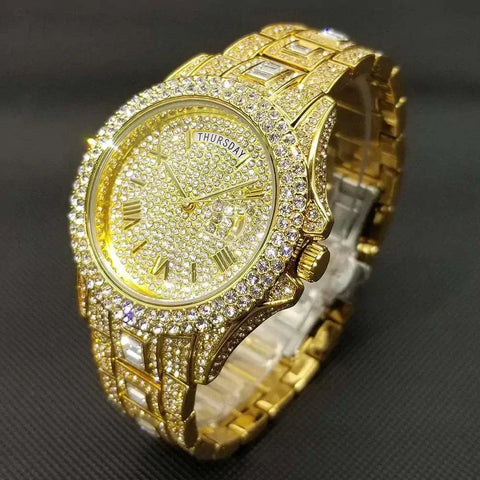 Luxury crystal watch for men with sparkling embellishments and gold details.