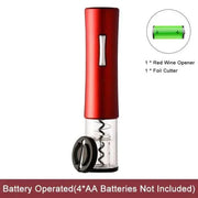 Automatic wine bottle opener with red aluminum alloy housing, transparent screw cover, and built-in foil cutter. Battery operated with a sleek, modern design for effortless uncorking.