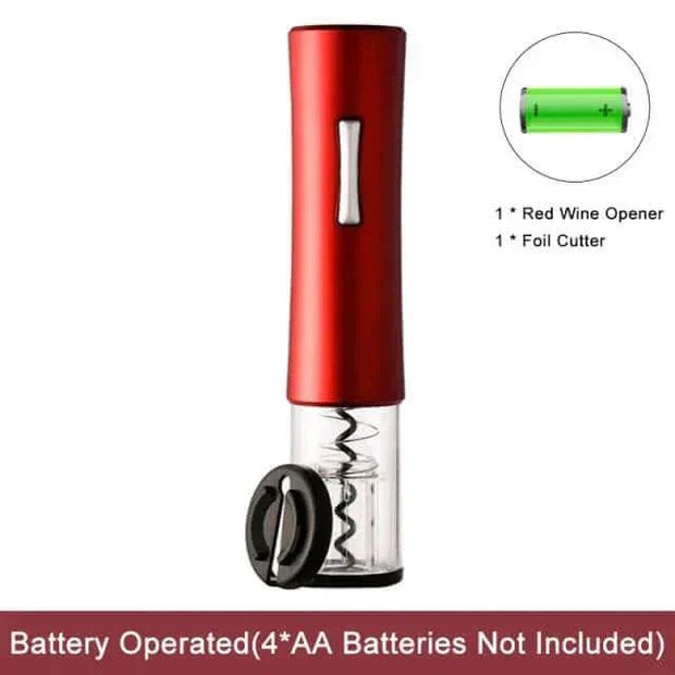 Automatic wine bottle opener with red aluminum alloy housing, transparent screw cover, and built-in foil cutter. Battery operated with a sleek, modern design for effortless uncorking.