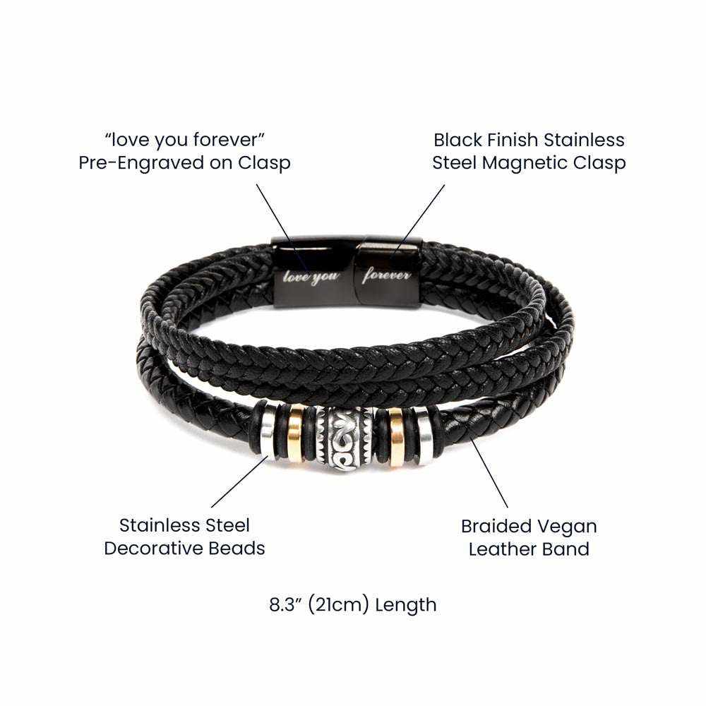 Love You Forever Bracelet for Husband with stainless steel beads and braided vegan leather band