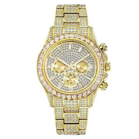 Luxurious Diamond Calendar Watch with sparkling diamonds and calendar display.