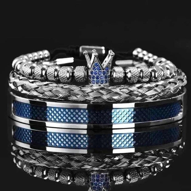 Handmade men's crown bracelets with gold-plated crown charm, stainless steel, and pave CZ beads.