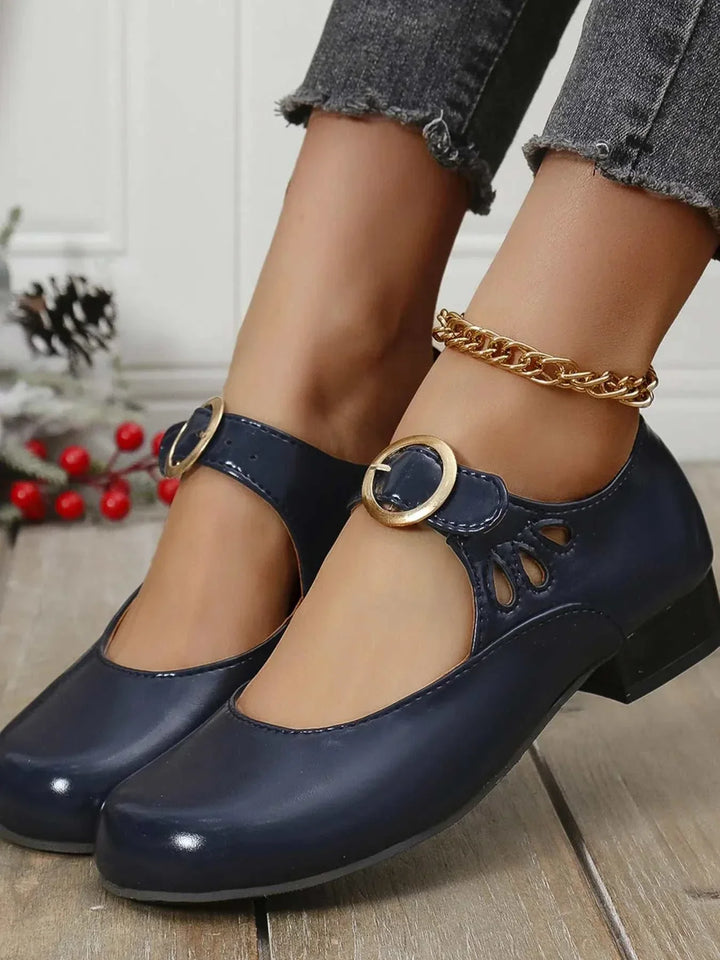 Black Mary Jane buckle loafers for women with cushioned footbed and adjustable strap