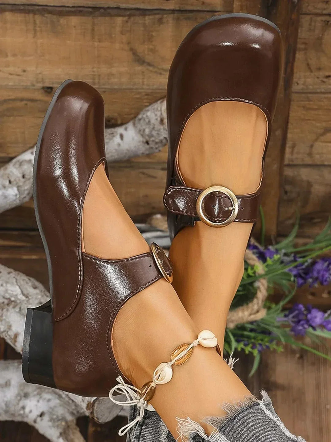 Black Mary Jane Buckle Loafers with adjustable strap and cushioned footbed for women