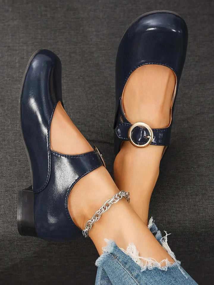 Black Mary Jane buckle loafers for women with cushioned footbed and adjustable strap