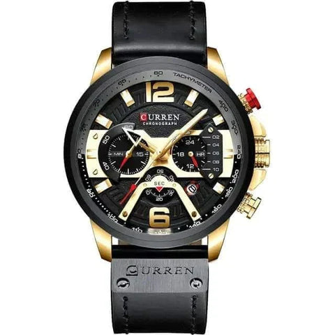 Military Leather Chronograph Watch with black leather strap and bold dial.