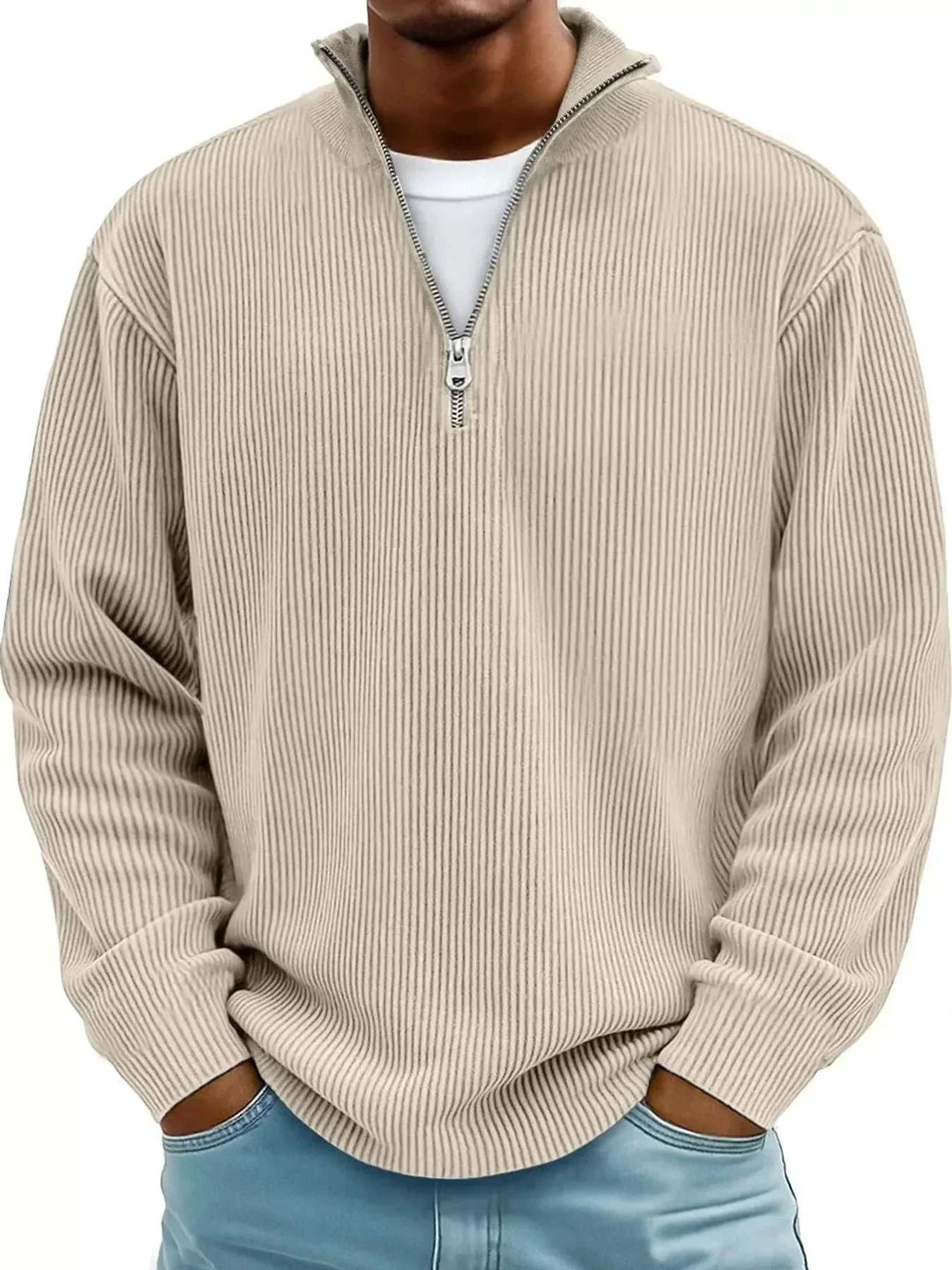 Men’s Plus Size Quarter-Zip Sweatshirt in beige ribbed fabric with a raised collar, silver zipper, and long sleeves