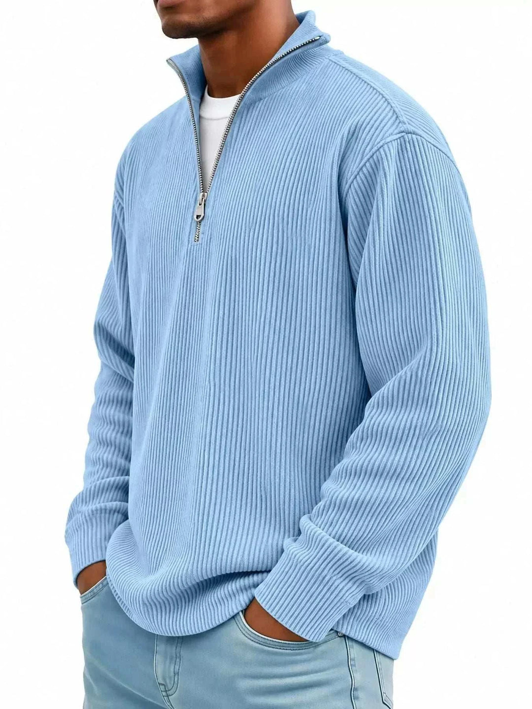Men’s Plus Size Quarter-Zip Sweatshirt in light blue ribbed fabric, with a stand collar, silver zipper, and long sleeves.
