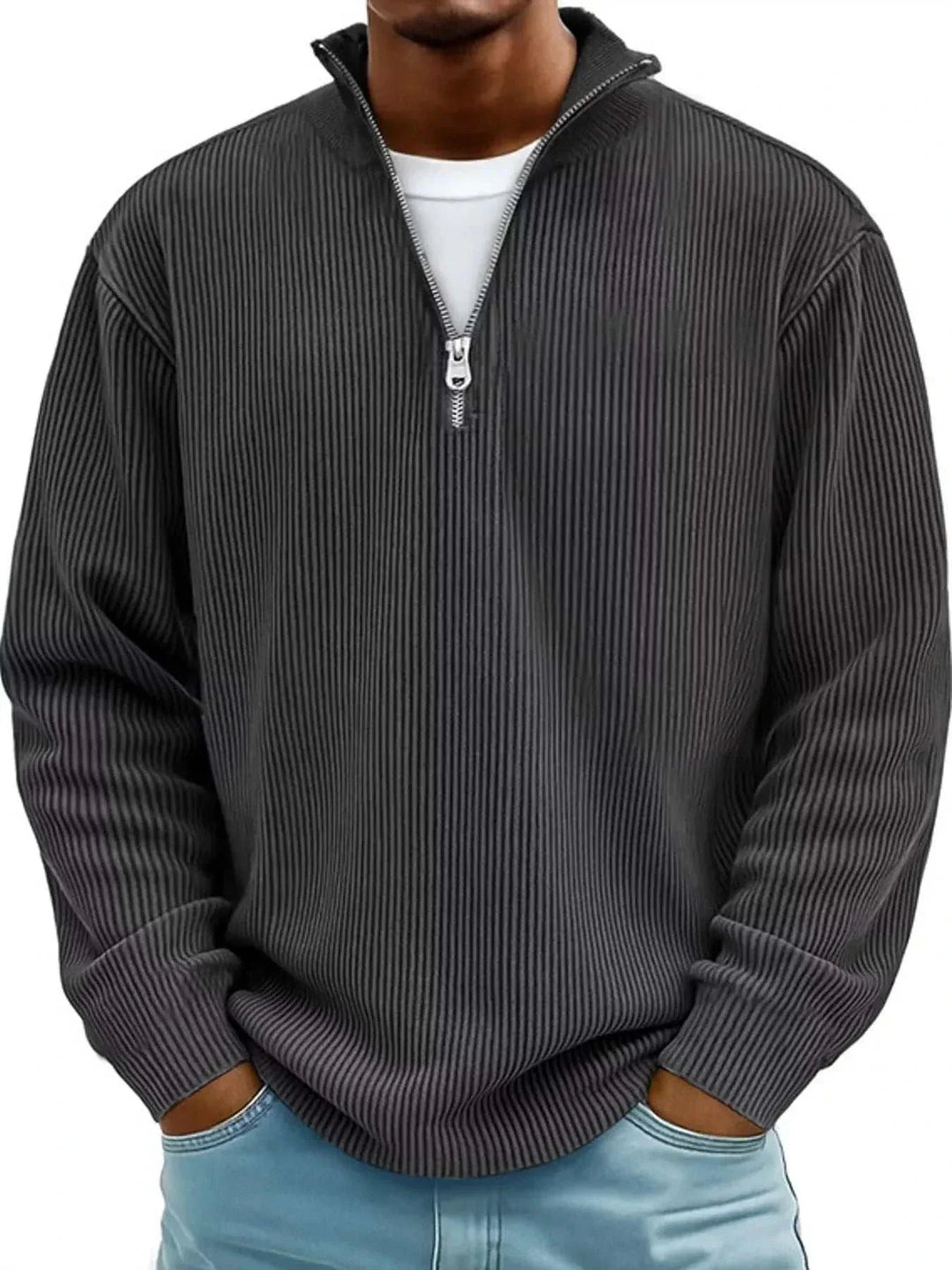Men’s Plus Size Quarter-Zip Sweatshirt in charcoal gray ribbed fabric, with long sleeves and a silver quarter zipper