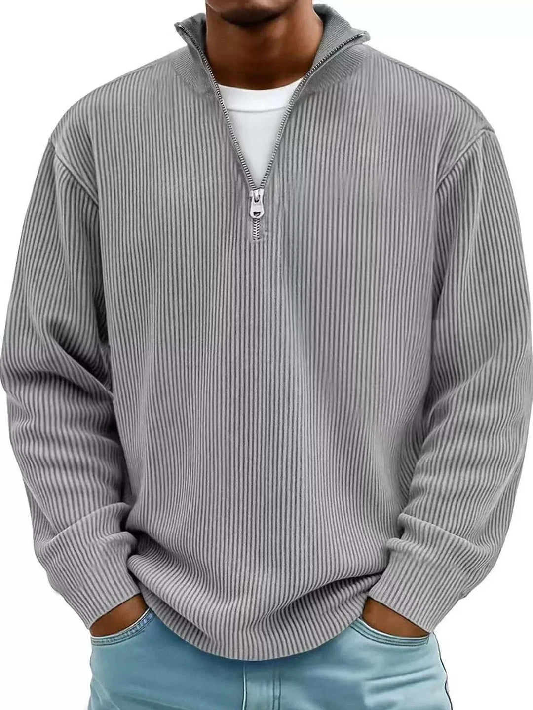 Men’s Plus Size Quarter-Zip Sweatshirt in gray ribbed fabric with long sleeves, a stand collar and short zipper