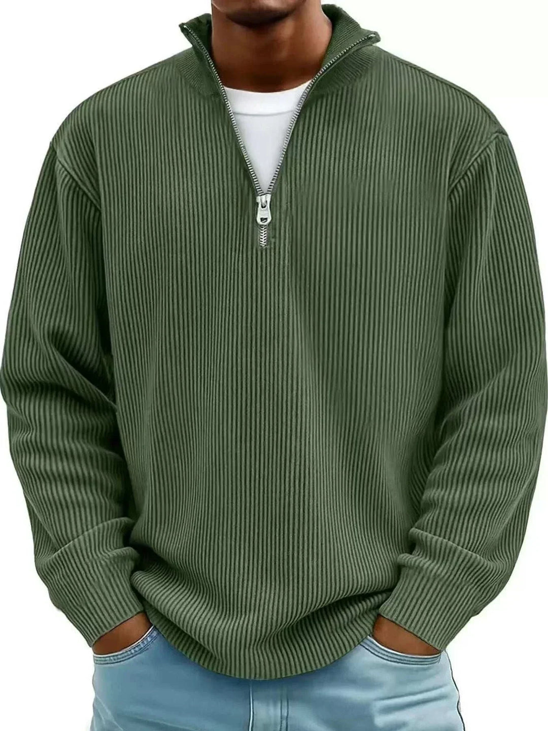 Men’s Plus Size Quarter-Zip Sweatshirt in dark olive green ribbed fabric with long sleeves and a short silver zipper