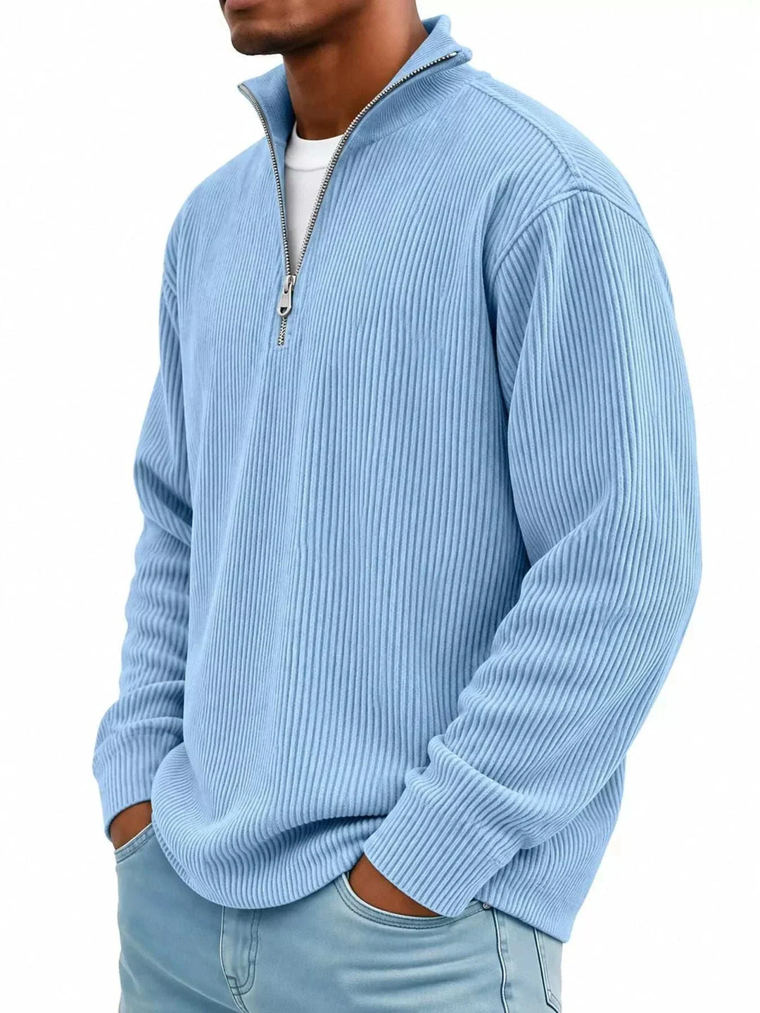 Men’s Plus Size Quarter-Zip Sweatshirt in light blue ribbed fabric with long sleeves, a stand collar and metal zipper