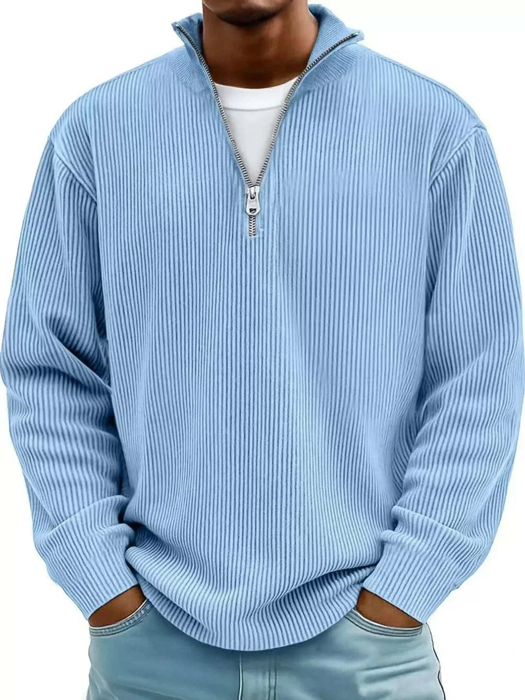 Men’s Plus Size Quarter-Zip Sweatshirt in light blue ribbed fabric with long sleeves, a stand collar and silver quarter zip