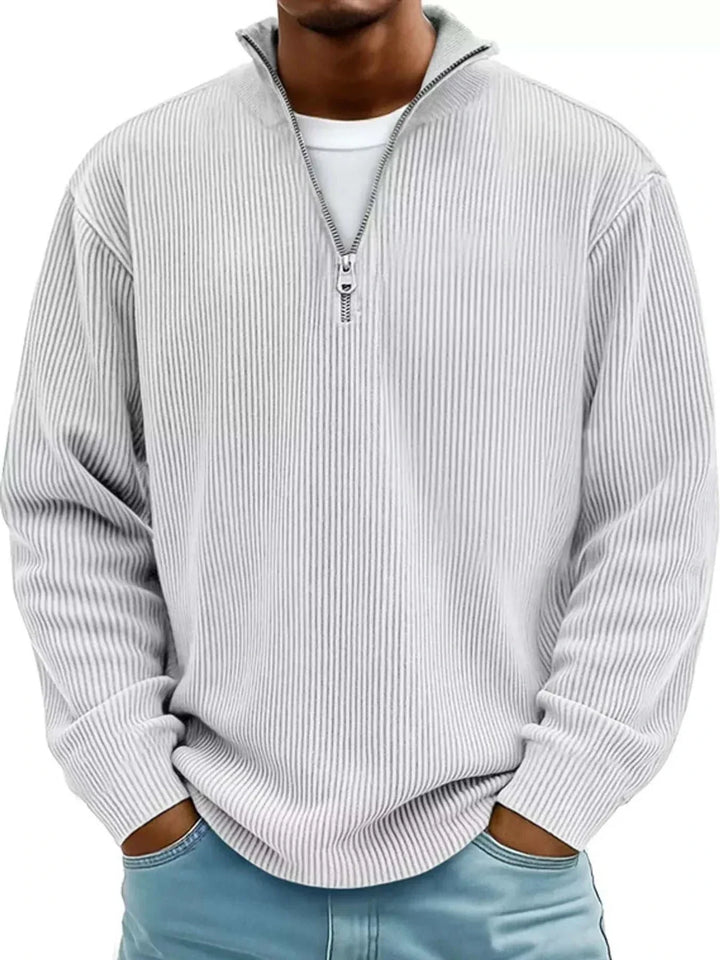 Men’s Plus Size Quarter-Zip Sweatshirt in light gray ribbed fabric, with long sleeves and a short zip collar