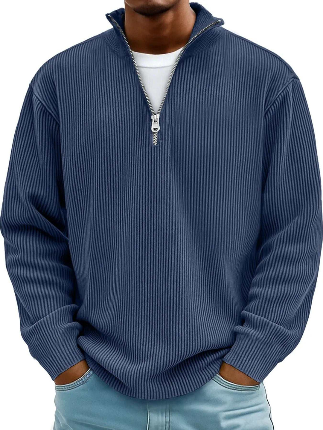Men’s Plus Size Quarter-Zip Sweatshirt in navy blue ribbed fabric, with a stand collar, silver zipper, and long sleeves.