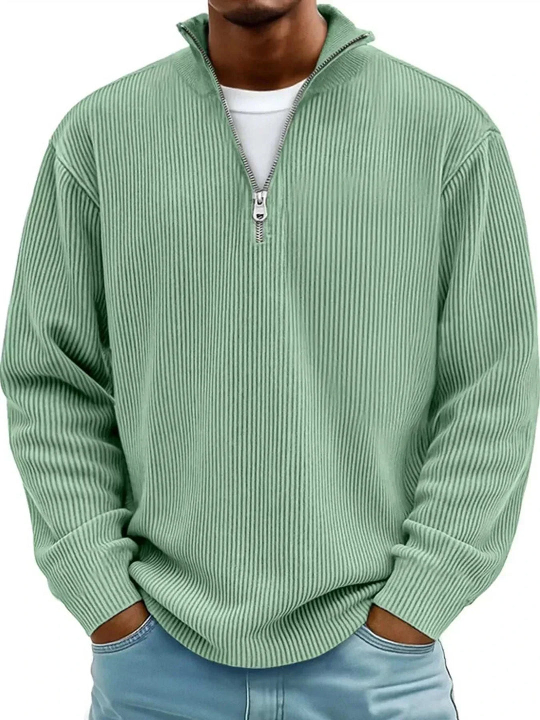 Men’s Plus Size Quarter-Zip Sweatshirt in sage green ribbed fabric with long sleeves and a short silver zipper