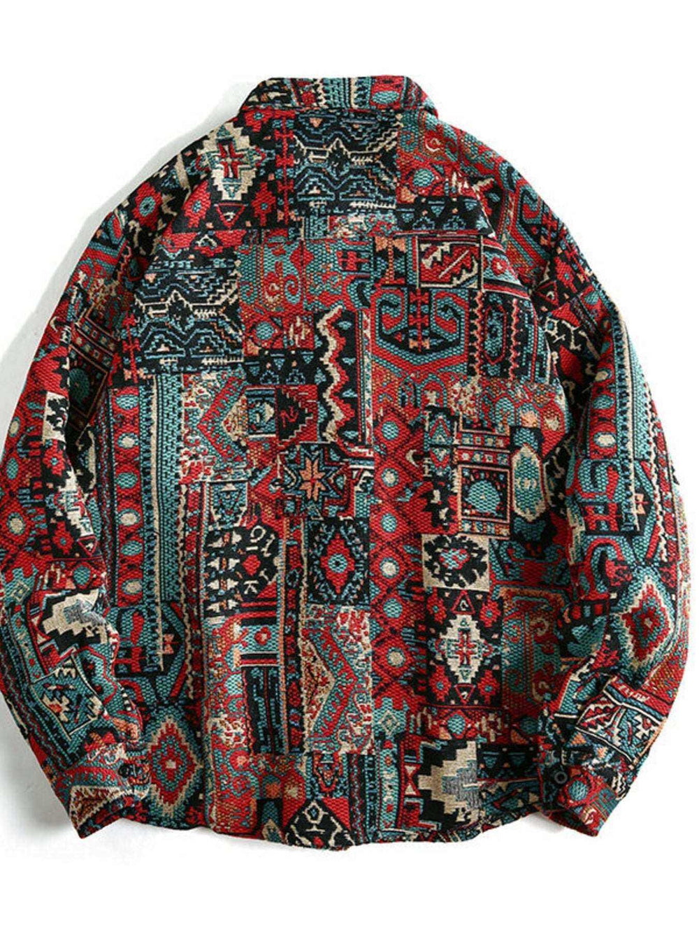 Men's Button Up Shacket in a multicolor woven fabric, featuring an intricate geometric and paisley patchwork pattern and button front.