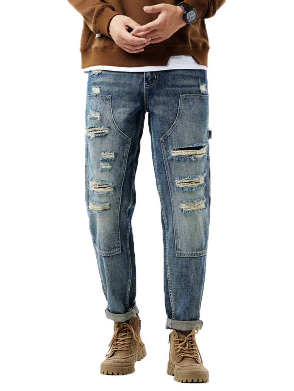 Men's distressed washed jeans with vintage wash and frayed details from Hot Topic Goods