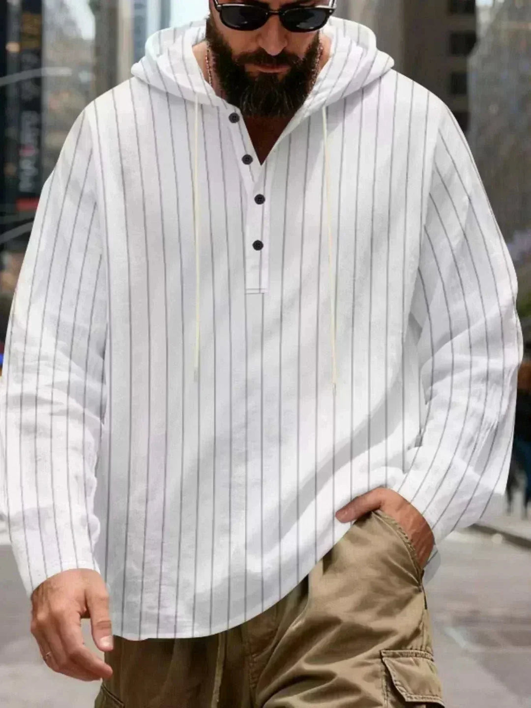 Men's Plus Size Striped Henley Hoodie in white cotton-blend fabric with thin gray vertical stripes, a hood, and black buttons.