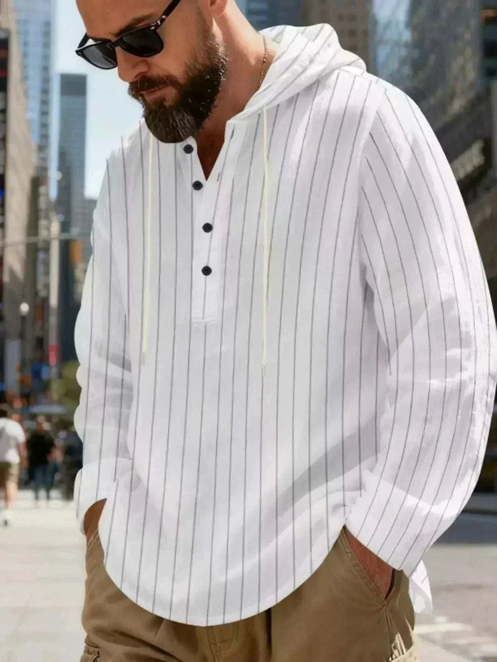Men's Plus Size Striped Henley Hoodie in white cotton-blend fabric with fine gray pinstripes, a hood and button placket.