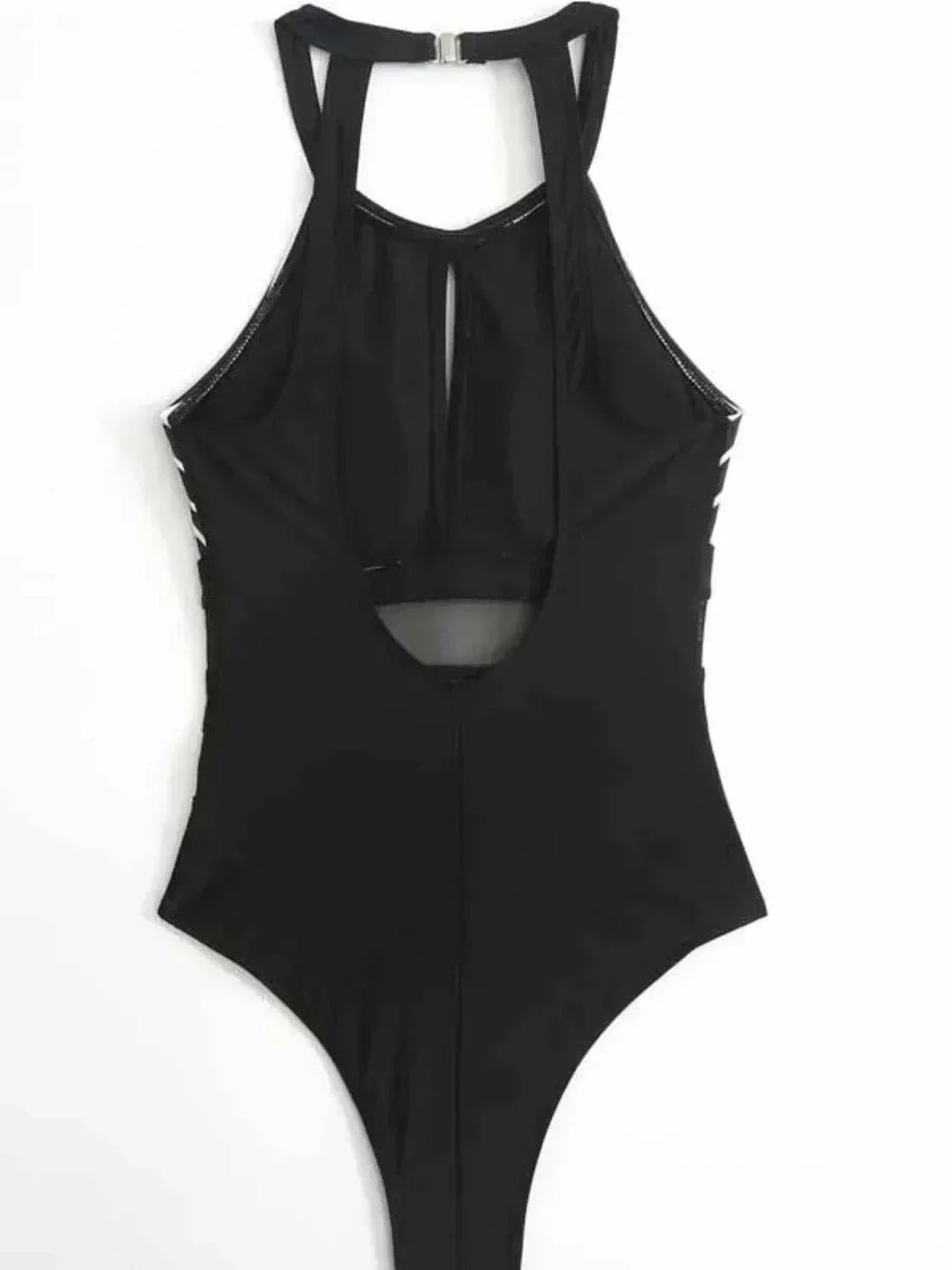Black mesh backless swimsuit with cutout details and moderate stretch fabric