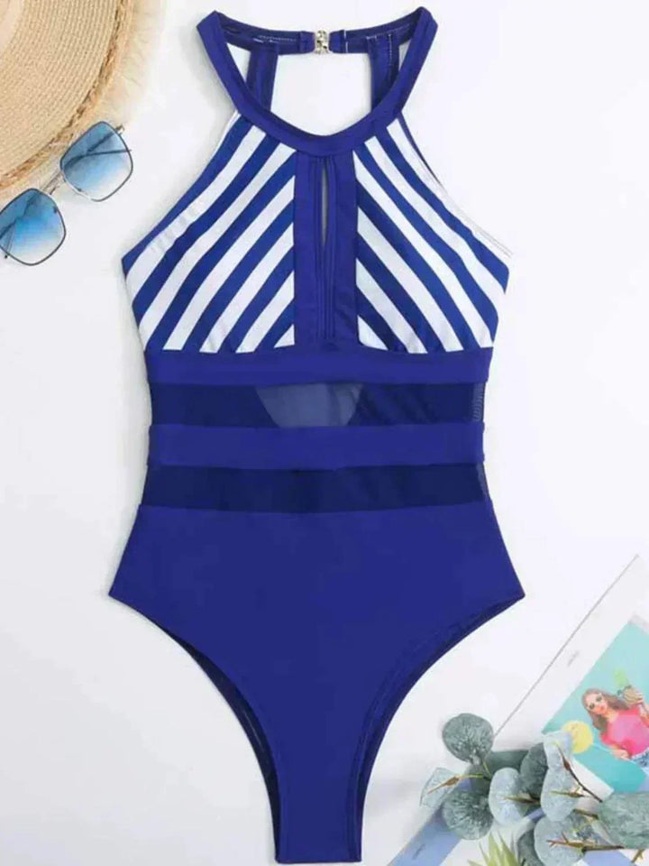 Blue and white striped mesh backless one-piece swimsuit with cutout details and halter neck design