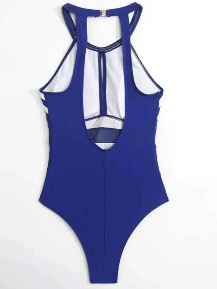 Blue mesh backless one-piece swimsuit with cutout details and moderate stretch fabric