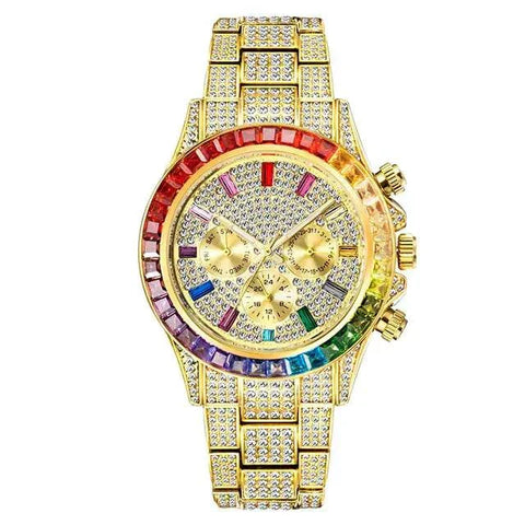 Luxurious Diamond Calendar Watch with colorful dial and gold bracelet, featuring elegant diamond embellishments.