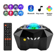 Northern Lights Star Projector with remote and multiple color options, Bluetooth music capability.