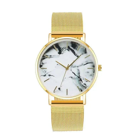 Rose Gold Mesh Band Marble Watch with elegant marble face and alloy mesh strap.