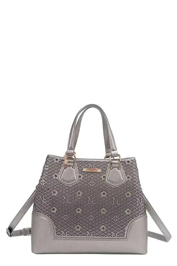 Nicole Lee USA Rhinestone Handbag with monogram design and sparkling rhinestone embellishments from Hot Topic Goods
