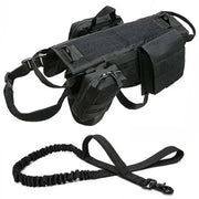 Tactical military dog harness in black with pockets and adjustable straps, durable nylon construction, solid pattern.