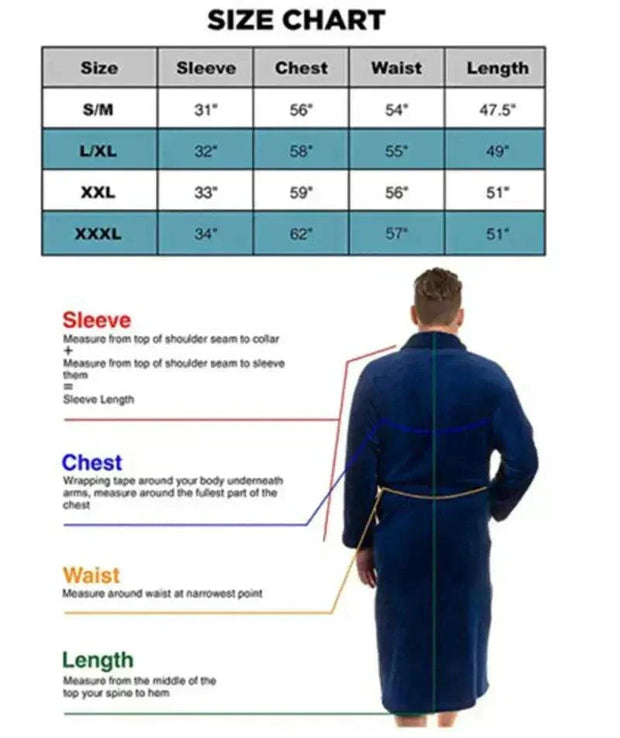 Size chart for Mens Bathrobe showing measurements for sleeve, chest, waist, and length in various sizes from S/M to XXXL.
