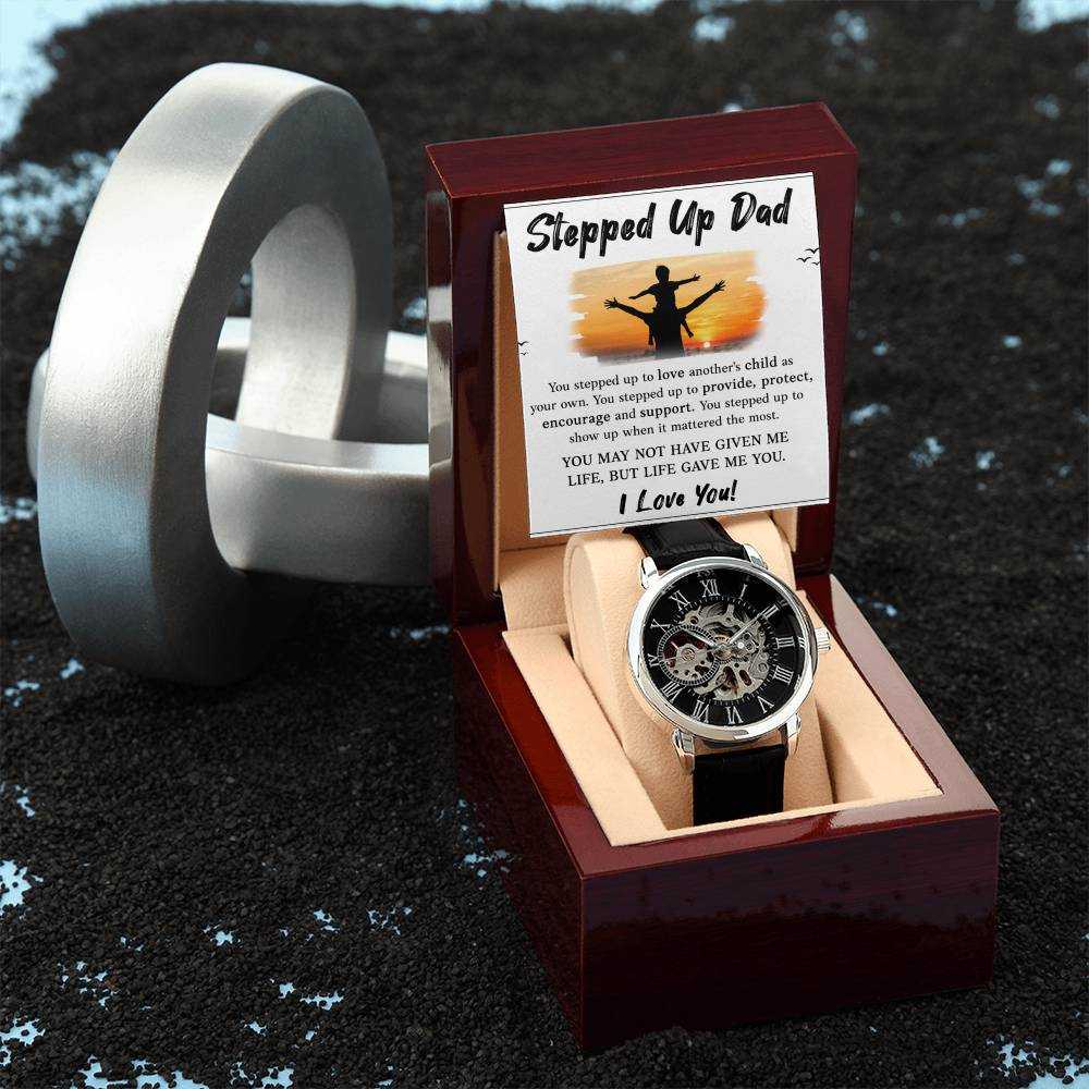 Openwork Watch for Stepped Up Dad with black leather band and intricate dial design from Hot Topic Goods