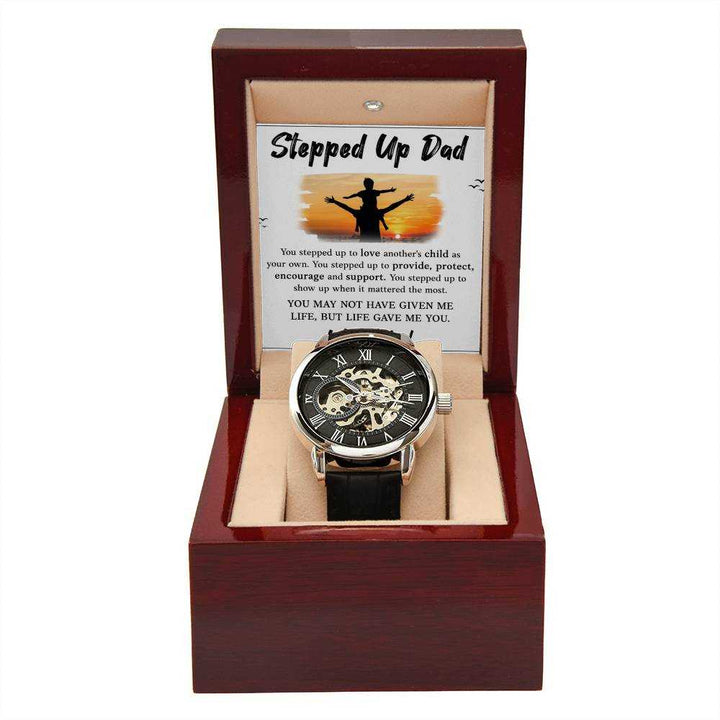 Openwork Watch for Stepped Up Dad with black leather band and intricate openwork dial design from Hot Topic Goods