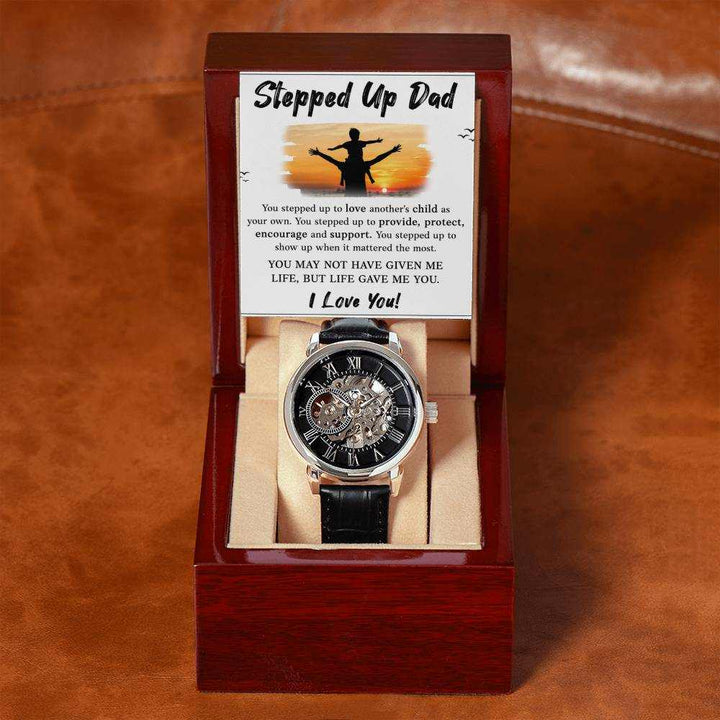 Openwork Watch for Stepped Up Dad with black leather band and intricate openwork dial from Hot Topic Goods