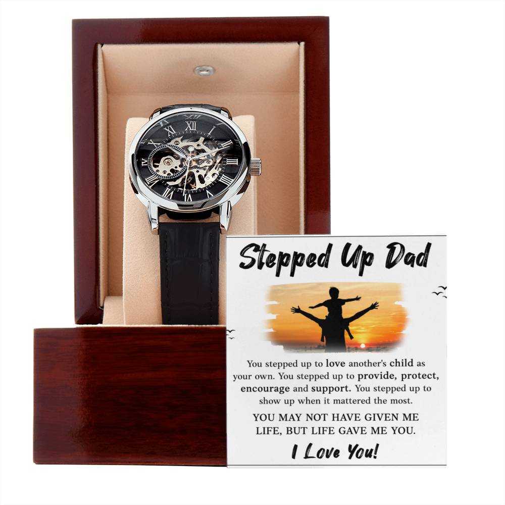 Openwork Watch for Stepped Up Dad with black leather band and intricate dial design from Hot Topic Goods