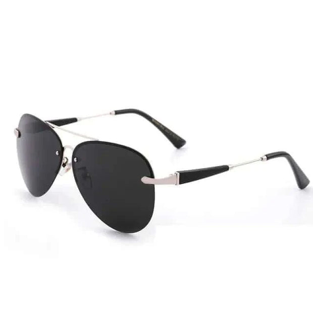 Mens luxury brand sunglasses with polarized lenses, black frames, and elegant design.